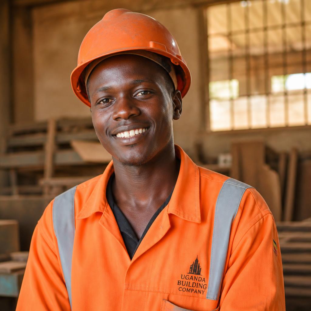 A smiling Ugandan construction worker in a hi-vis jacket and hard hat